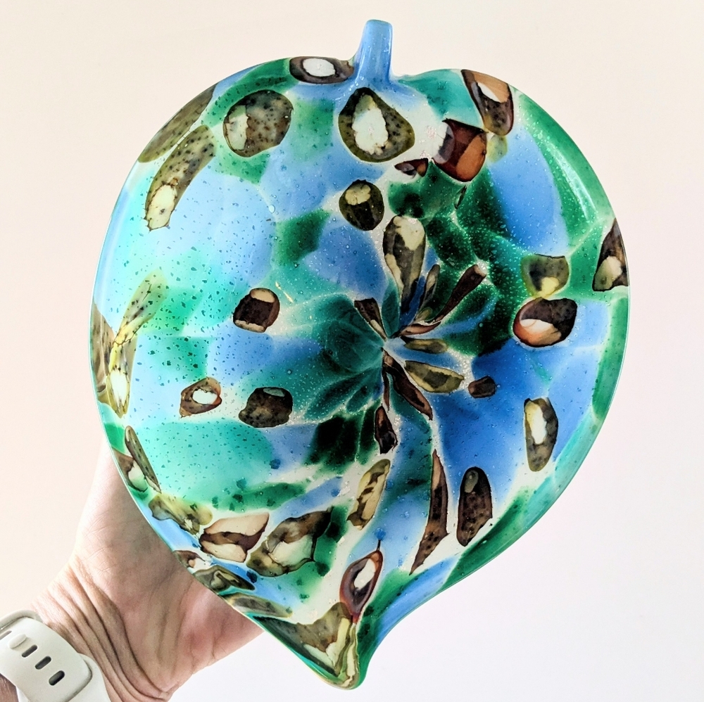 Vintage Murano Glass Leaf Bowl – Tutti Frutti Blue Green w/ Silver Flecks